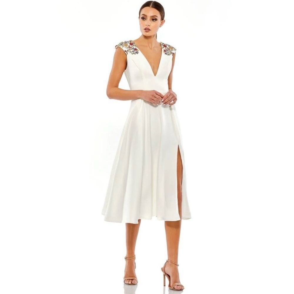 Mac Duggal 70214 Beaded Cap Sleeve A Line Midi Dress size 2 UB